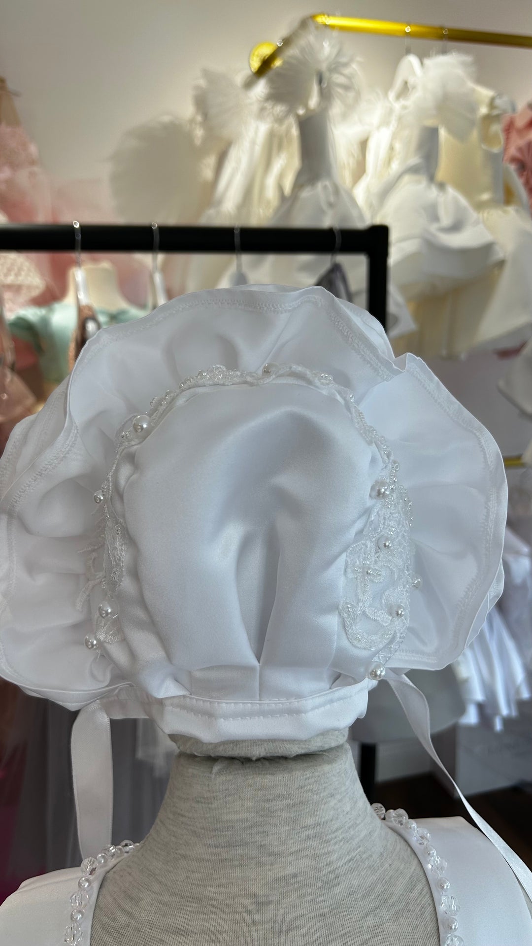 Satin Frill Bow Bonnet In Ivory or White