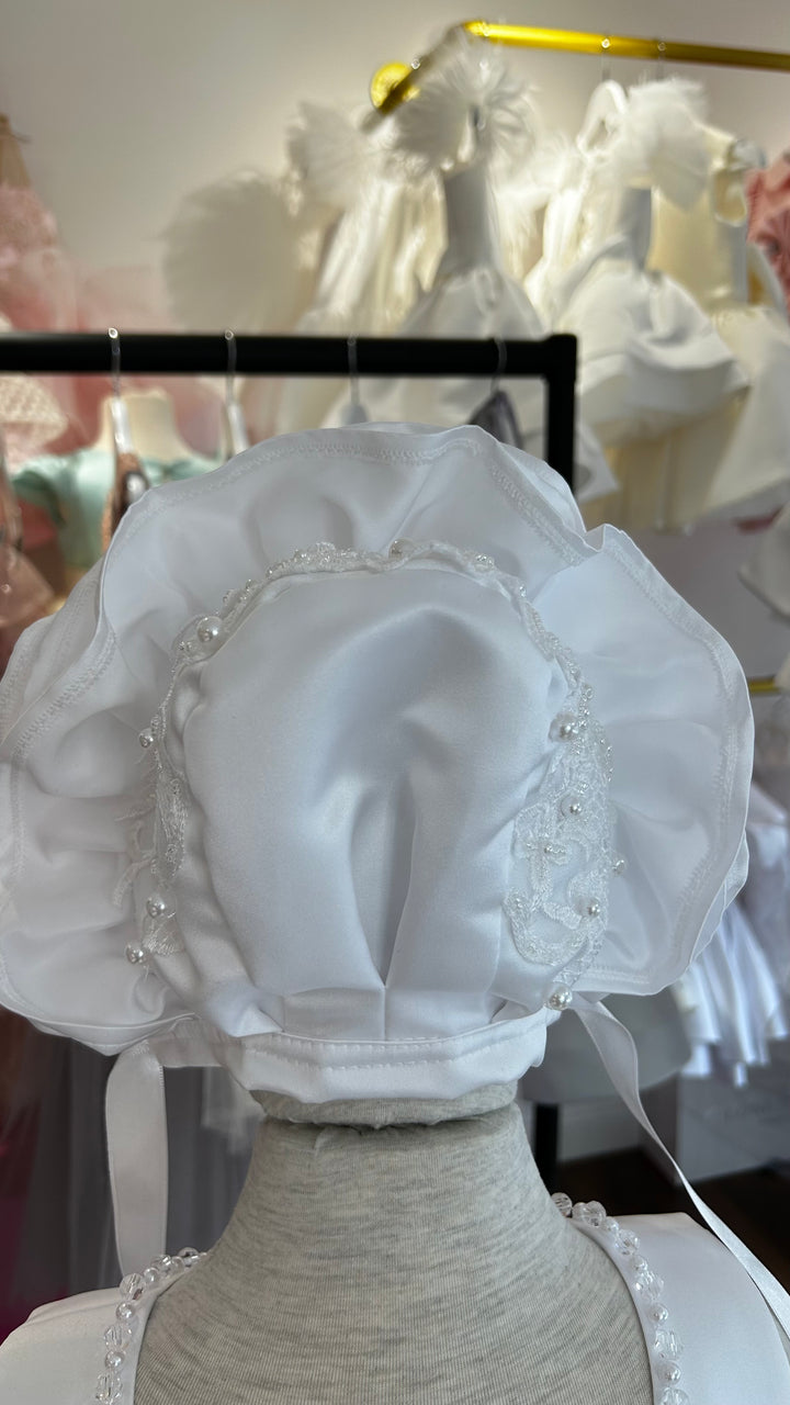 Satin Frill Bow Bonnet In Ivory or White