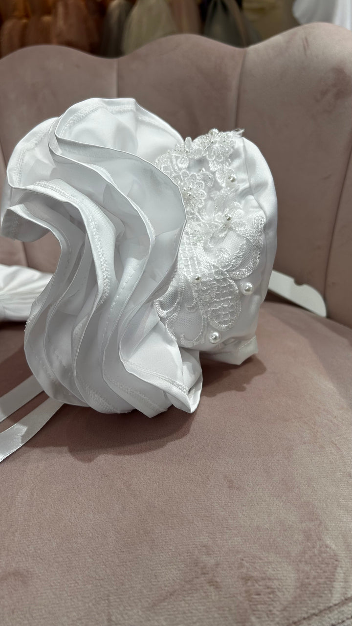 Satin Frill Bow Bonnet In Ivory or White
