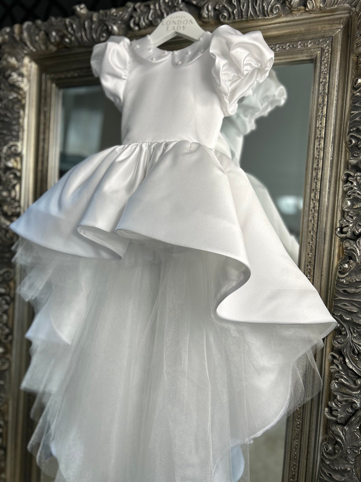 advertising style shot, white satin special occasion dress, The Valentina occasion dress in Ivory bridal luxury satin, flower girls dresses, christening gown for girls.