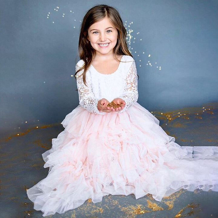 Serendipity Flower Girl dress, Special Occasion Dress with White bodice and long Tulle ruffle skirt