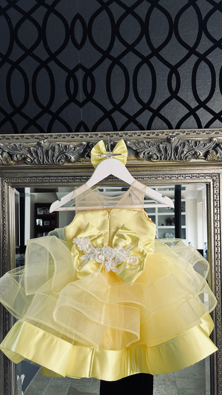 The English Rose dress by little london lady. Lemon Sorbet satin and tulle short dress