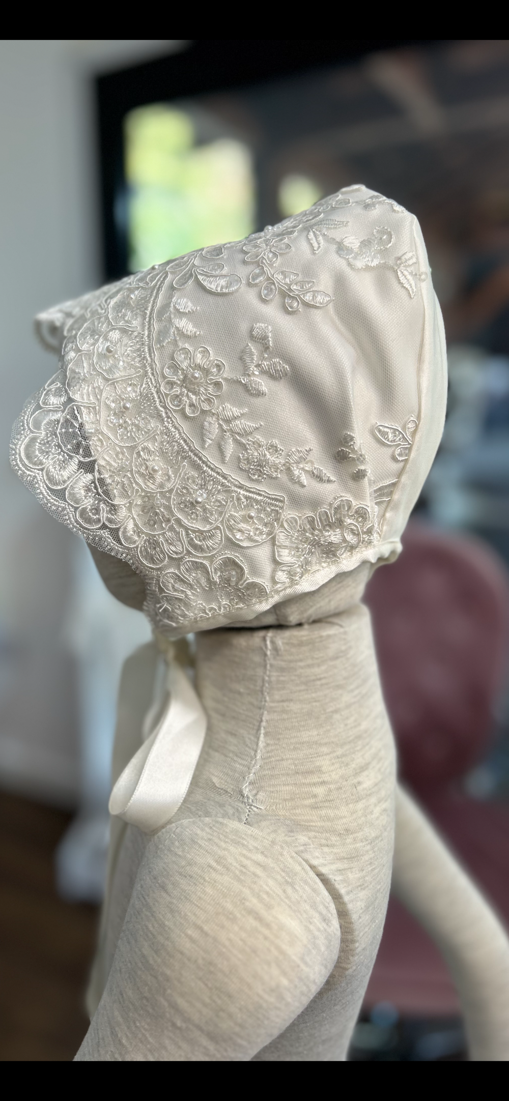 Duchess Satin and Lace Christening or Baptism Bonnet. Beautiful baby hat.