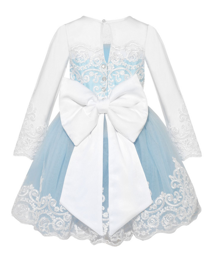 Baby Blue Lace and tulle satin dress with Large white Satin Bow. This Luxury dress would be perfect for baptisms, christenings, photoshoots, flower girl dress. Also available in short and no sleeve option.