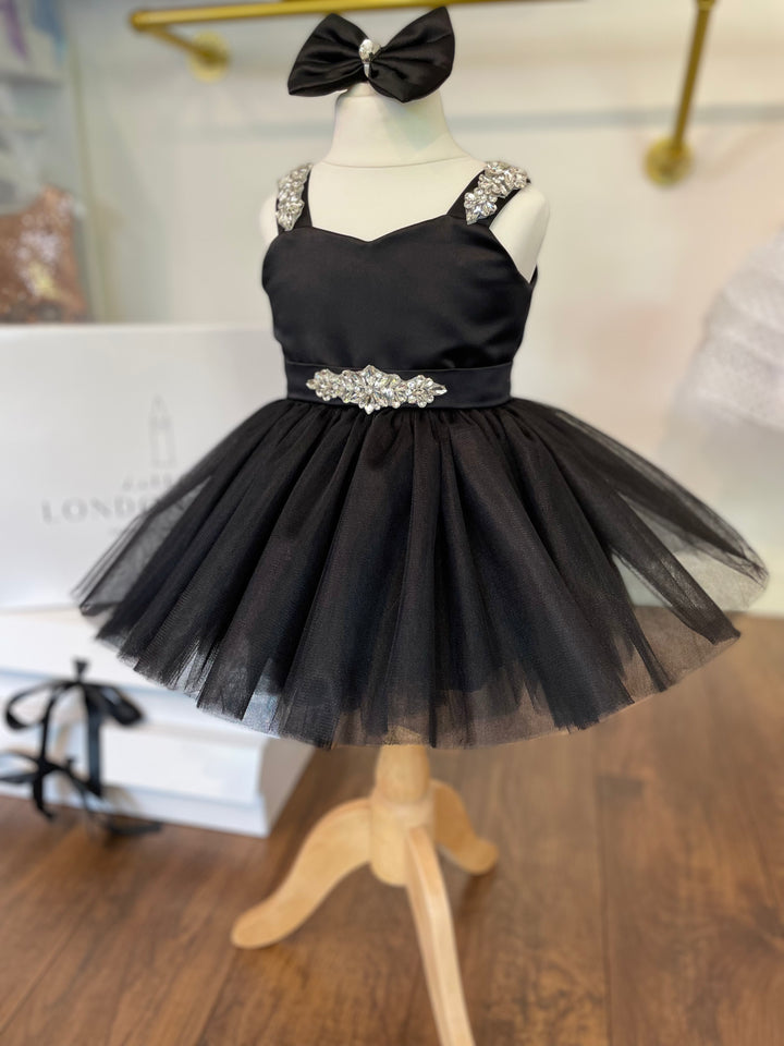 Kids Couture dress, Black childrens Party Dress, Black Satin bodice,  Satin hair clip, Black Bow, Black satin Bow, Party dresses for girls, little girls gowns, baby girl dresses, little girls dress, kids dress, Kids Tutu Dress, Black Tutu Skirt, 1st Birthday dress, Handmade Dresses for children, Pageant Dress, Flower Girl Satin Dress, Little Bridesmaid, Junior bridemaid, Baptism Gown, Birthday Dress, Black Dress, Baby girl dress, Princess Dress, Crystal Embellishments, Crystal Belt, Rhinestone Belt