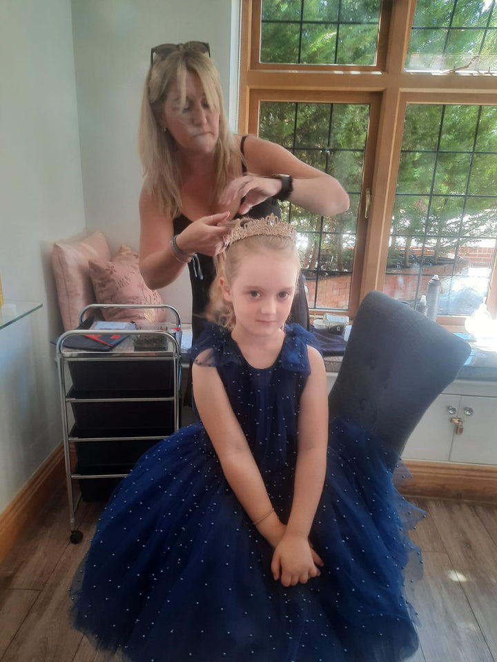 Flower Girl getting Ready in Royal Blue Tutu Dress
