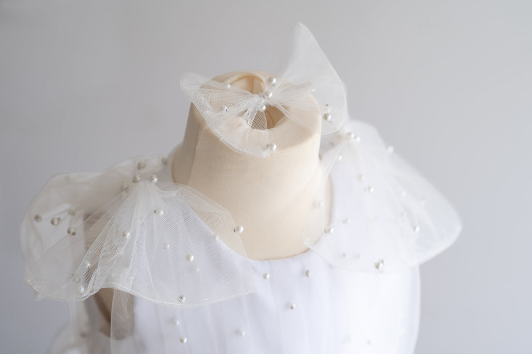 Pearl Beaded Tulle Gown in White