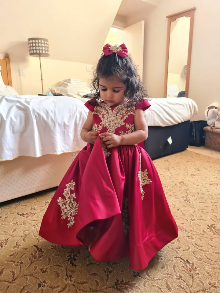 Kids party dress for girl,  little girls gowns, baby girl dresses, little girls dress, kids dress, Kids Tutu Dress, Tulle Skirt, 1st Birthday dress, Handmade Dresses for children, Pageant Dress, show stopper dress, Flower Girl  Dress,  Little Bridesmaid, Junior bridemaid, Christening lace outfit, Baptism Gown, Cermony Dress, Wedding Guest Clothing, Baby girl dress, Princess Dress, dark red Satin gown with gold Lace for Indian wedding