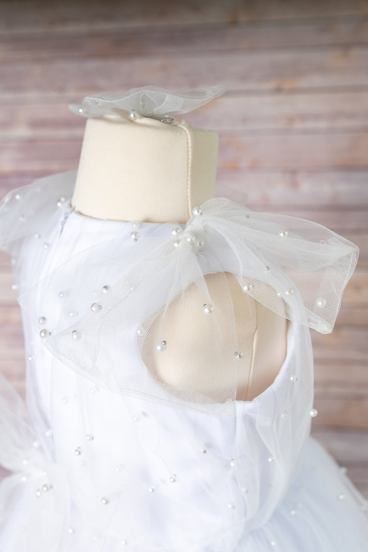 Pearl Beaded Tulle Gown in White