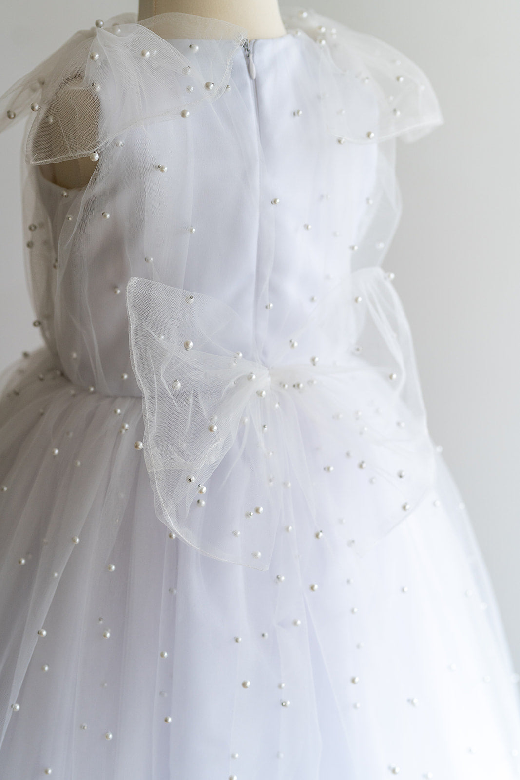 Pearl Beaded Tulle Gown in White