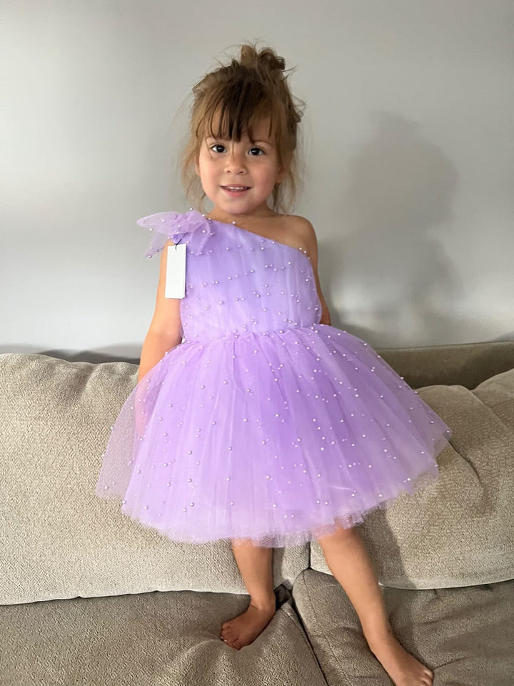 Lilac  Pearl tulle flower girl dress, little girls gown, Little girls dresses, Kids birtday tutu dress, little girls gown, Little Princess dress, Childrens Tulle Lilac tutu skirt, One shoulder design, Pink, Blush, White