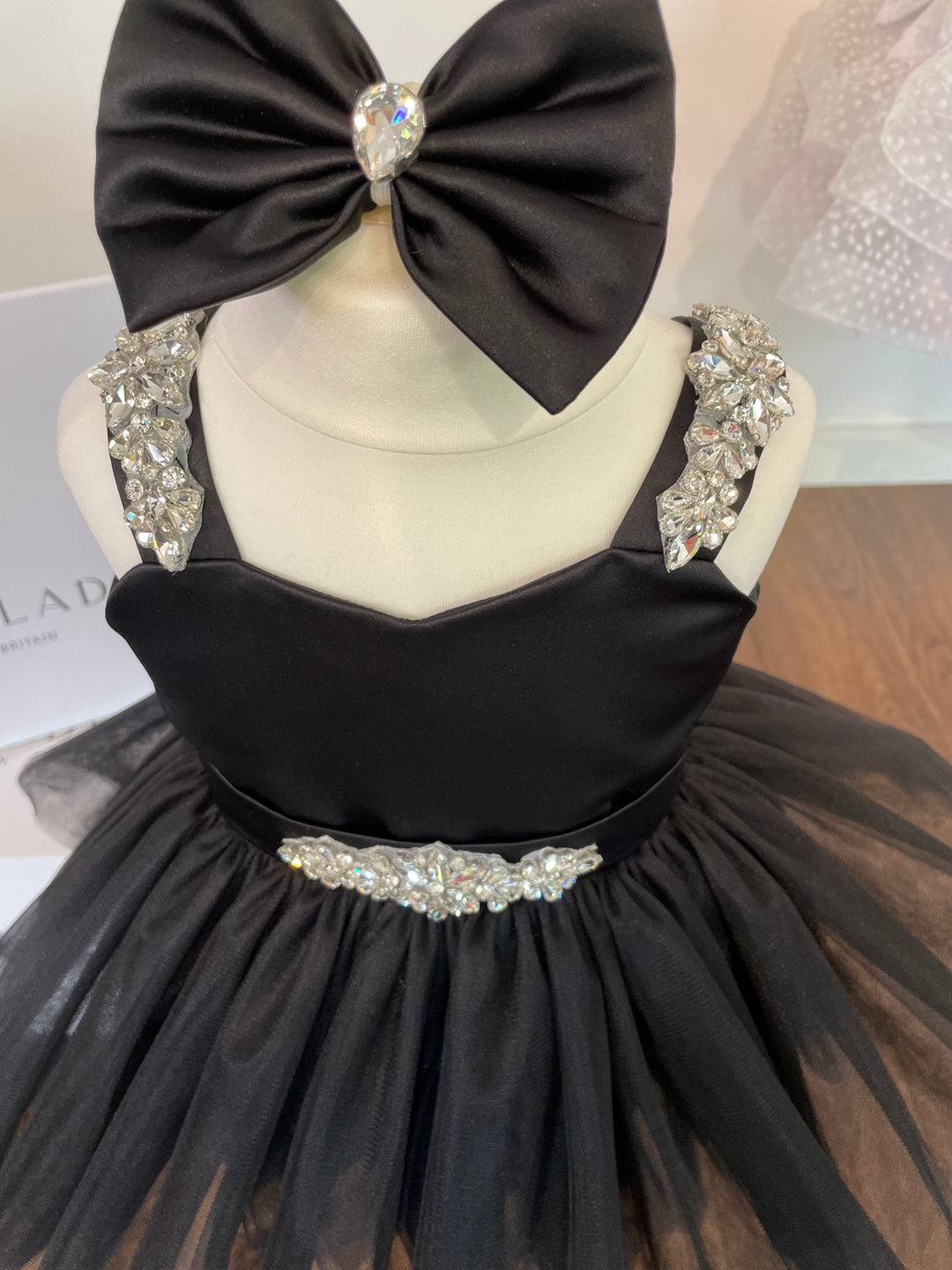 The SweetPea TUTU Dress for little girls. The perfect kids Little Black Dress. . This Tulle TUTU  is perfect for any Black tie Event.  Each dress has 3  Crystal Rhinestone Embellishments. , large, soft Black Satin Bow and long Black Satin Tails , Black satin Hair clip, makes the perfect Baby Dress, Baby Tutu Dress,. Luxury childrens pink tutu dress with large Pink satin oversized bow and sparkling crystal embellishments.