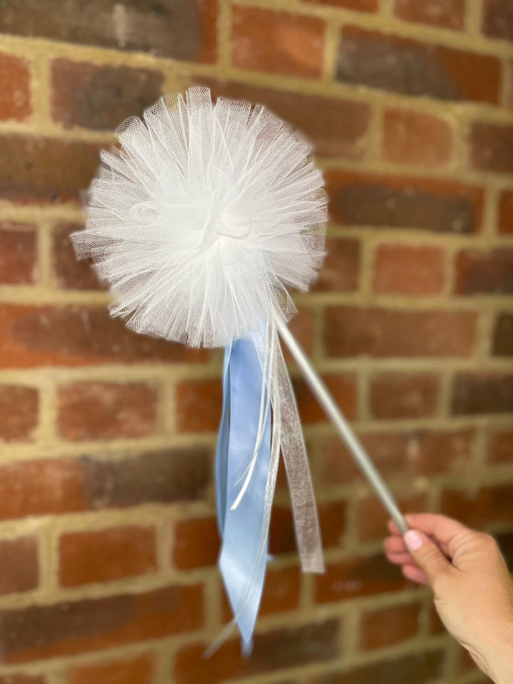 Flower girl Tulle Pom Pom wand. Tulle wand. Princess wand. Tulle Dress. Bridal Accessory. Flower girl Boquet alternative. Fairy wand, Nursery Decor or Party favour. 30cms tall Silver, White, Pink Tulle