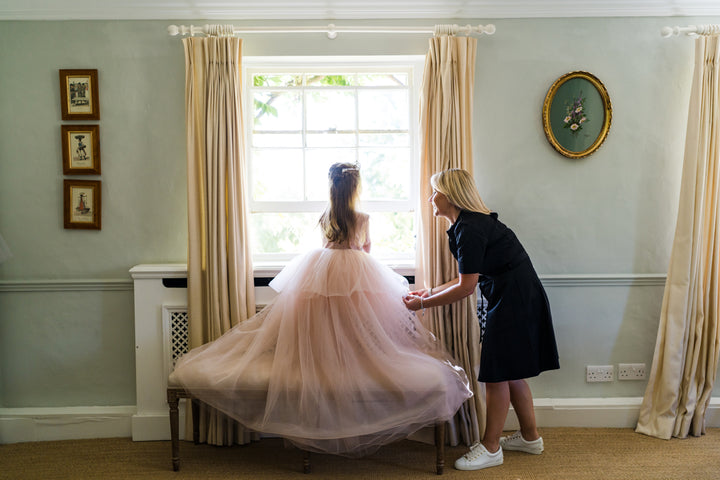 Luxurious Childrens dress in Pink Blush with Tulle train.  Handmade by Artisans in the UK. 2 in 1 dress. Ideal childrens special occasion gown.