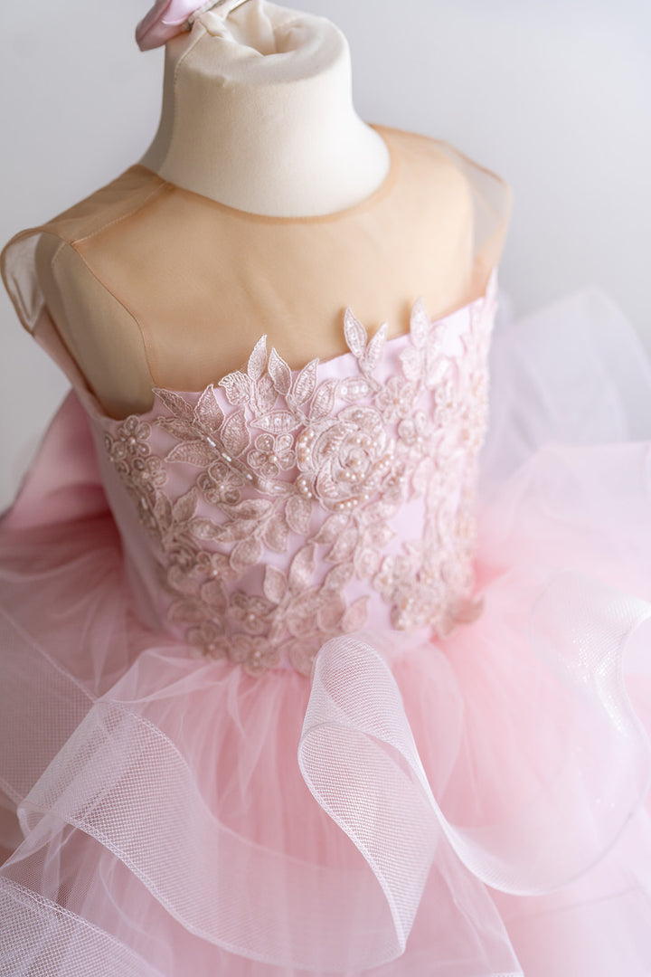 Kids Couture dress, Pink childrens Party Dress, Satin Hem, Satin hair clip, Pink Satin Bow, Pink Bow,White Lace Christening baptism dress gown, Long Lace Sleeve, White Tulle and Lace dress,, Party dresses for girls, little girls gowns, baby girl dresses