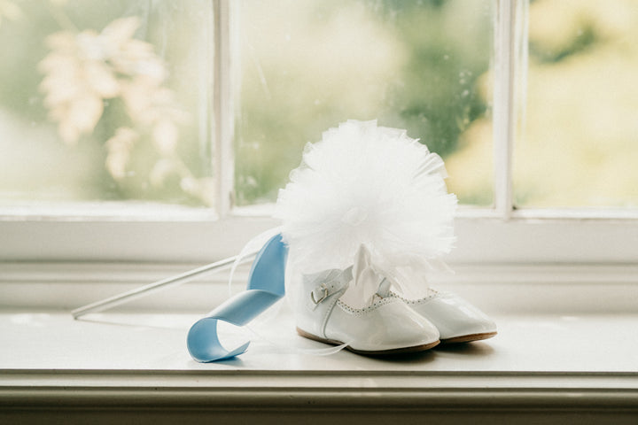 Silver Tiara and White and Blue Tulle Pompom wand with satin ribbons