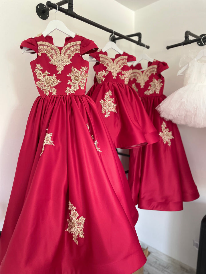 Custom Flower girl Dresses. Luxury Maroon Satin and Gold 3D Lace Appliques long gowns. Designed for a client in the UK.