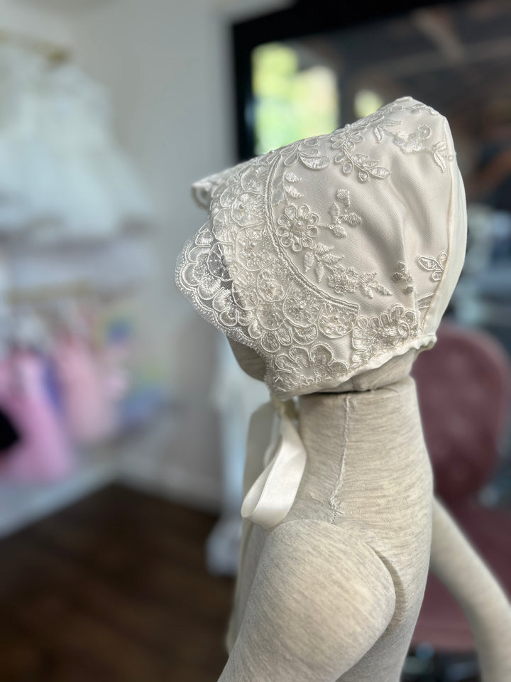 Duchess Satin and Lace Baptism Bonnet in White or Ivory 