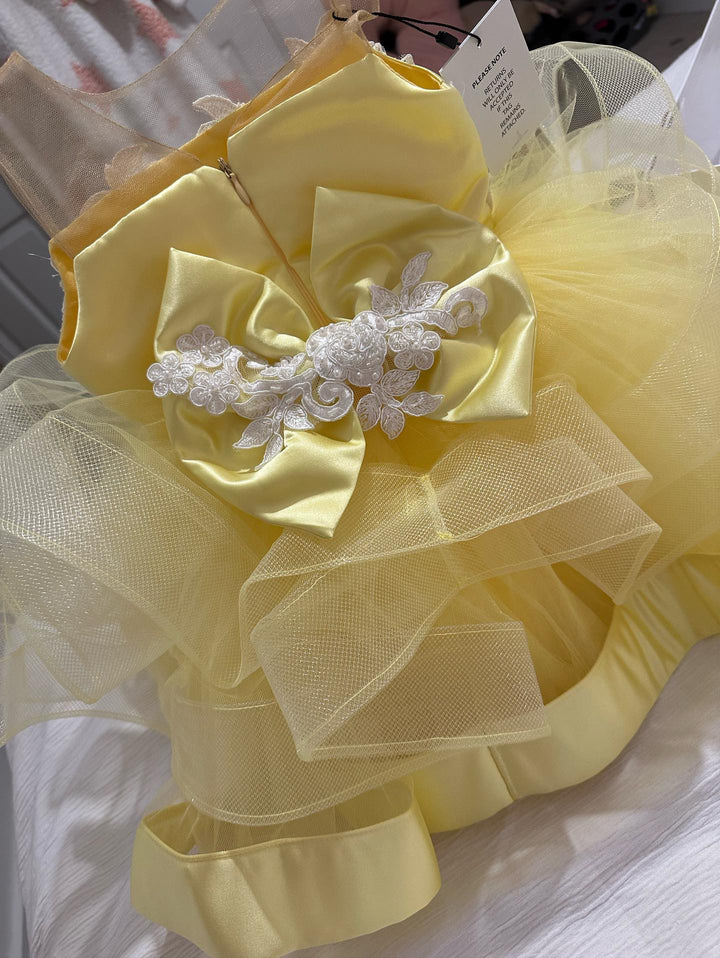 Kids occasion dress in lemon satin 