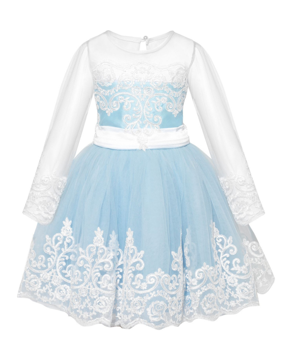 Long Sleeve tulle and embellished lace childrens dress. Baby Blue Bluebell Embellished Lace dress has been handmade to the highest standards for your discerning little lady. A sweet round neck with standout pearl button to close at the back and embellished tulle sleeves are the standout of this elegant blue design, which is completed with a wonderful oversized satin bow on the back. The tulle with lace trim makes this dress totally timeless. Lots of volume in the skirt. Also available in white and pink 