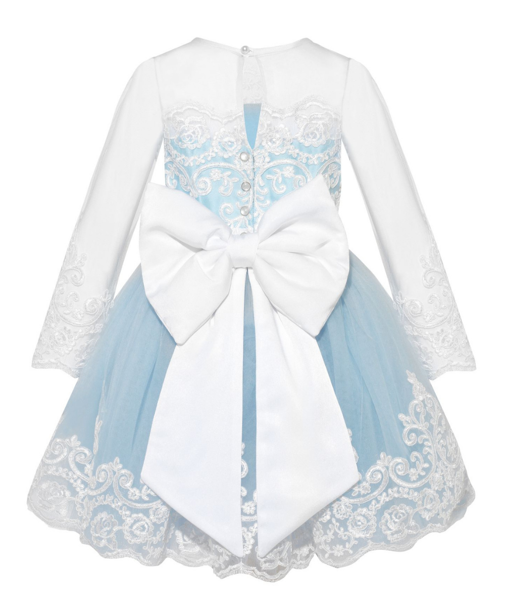 Baby Blue Lace and tulle satin dress with Large white Satin Bow. This Luxury dress would be perfect for baptisms, christenings, photoshoots, flower girl dress. Also available in short and no sleeve option. 