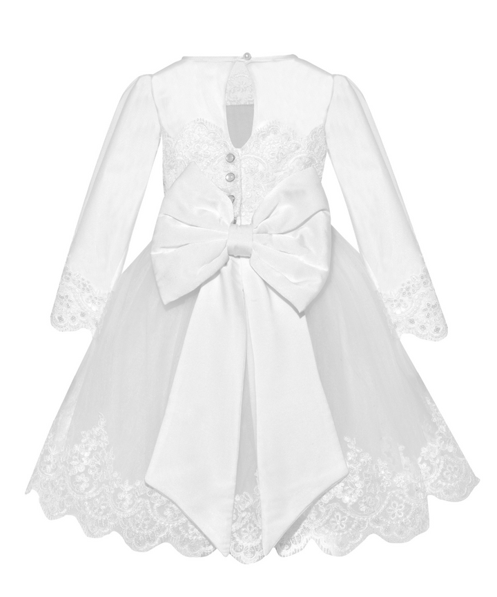 The Lily Dress with oversized large satin bow and long tails. White Lace Long Sleeve Christening or  baptism dress, Long Lace embelished with Sequins Sleeve, White Tulle Skirt with huge volume and lots of layers. Comes in lots of colours.