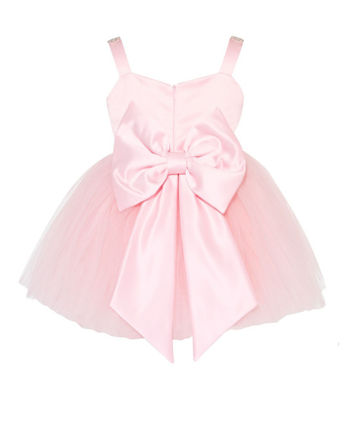 The SweetPea TUTU Dress in Baby Pink. Soft tulle skirt with lots of layers and volume. handmade. Oversized Large Satin Bow and tails and zip to close. 